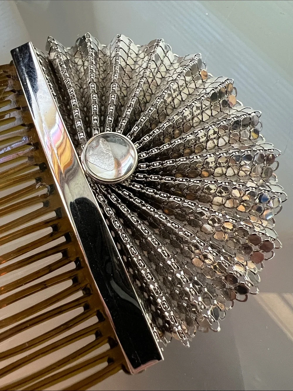 👱‍♀️1980s Silver Fan + White Bow Hair + Iridescent Beaded Hair Comb Set of 3 VTG